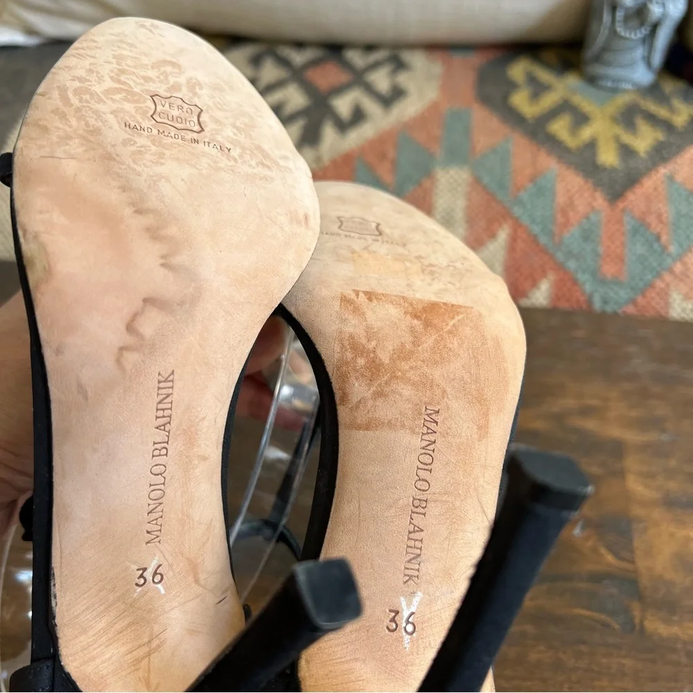 Manolo Blahnik Display Floor Models Cystal Embellished T-Strap Black Heels 36